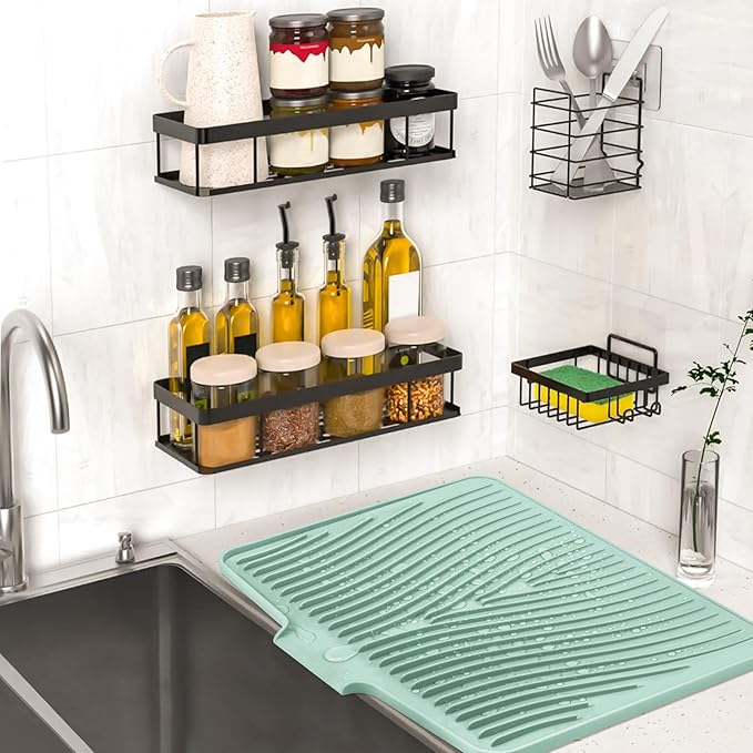 TIKNIK Silicone Dish Drying Mat, Stone Drying Mat for Kitchen Counter with Built-In Drain, Non-Slip Drain Pad with Built-in Drain, Heat Resistant Stone Drying Mat, Hangable, Mint-1pcs, 20" x 15" - Image 6