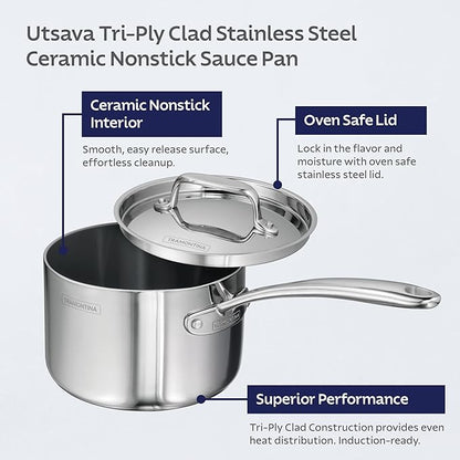 Tramontina Utsava Tri-Ply Clad Stainless Steel 2.2-Quart Sauce Pan with Lid and Ceramic Non Stick Interior, Induction-Ready Small Saucepan
