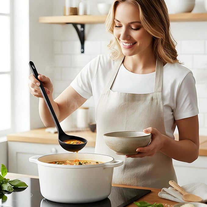Silicone Spaghetti Spoon&Soup Ladle Cooking Utensils Set of 2,No Scratch for Nonstick Cookware,BPA Free, 450℉ Heat Resistant (BLACK) - Image 2