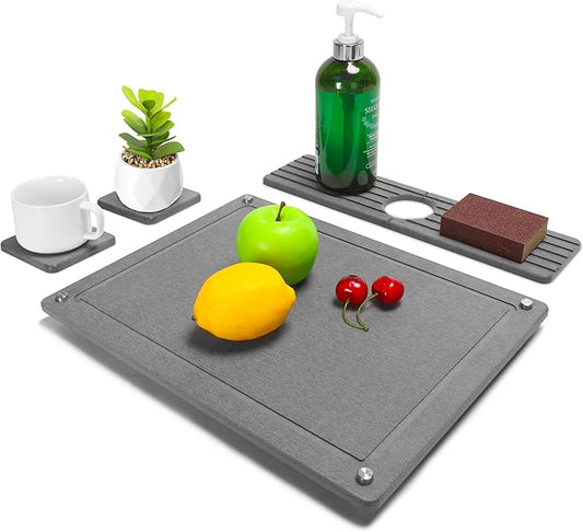 Zinovo 5pcs Stone Dish Drying Mats for Kitchen Counter,Quick Dry Water-Absorbent Diatomaceous Stone,Heat Resistant,Non-slip Bracket, Faucet Mat For Bathroom /Sink/Washbasin,For Cups /Bottles,Gray
