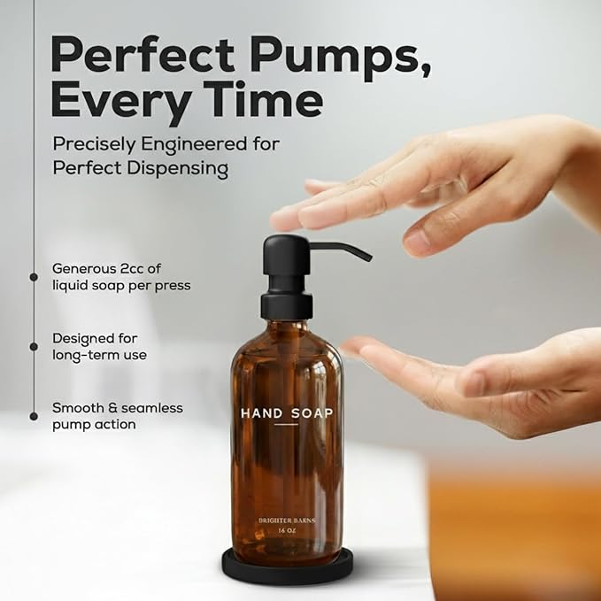 Amber Glass Hand Soap Dispenser Bathroom Set by Brighter Barns - Refillable Liquid Hand Soap Dispenser Tray and Pump Set for Kitchen - Modern Bathroom Decor & Accessories for Airbnb, RV, Hotel (Amber) - Image 4