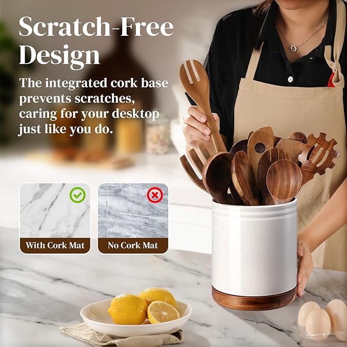 DOWAN 7.6" 360° Rotating Utensil Holder, Kitchen Utensil Holder for Countertop,Large Ceramic Utensil Crock for Kitchen Decor, Protection Cork Bottom, Speck White - Image 4