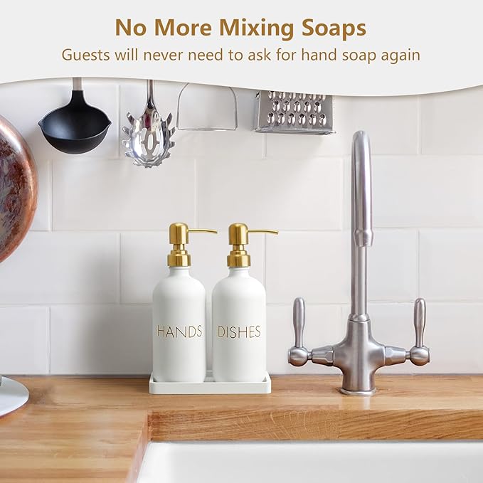 Glass Dish and Hand Soap Dispenser Set - Kitchen Soap Dispenser with Tray and Stainless Steel Pump - for Modern Gold Kitchen Decor and Accessories