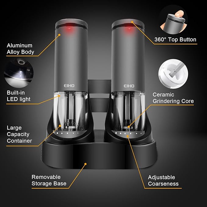 EIHO Electric Salt and Pepper Grinder Set USB Rechargeable, Upgraded External Adjustable Coarseness, Aluminum Alloy Automatic Salt and Pepper Shakers Mills with LED Light, House Warming Cooking Gifts - Image 6