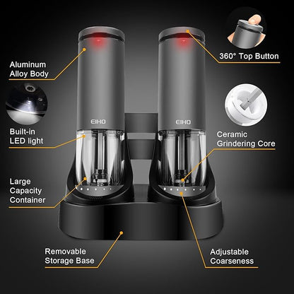 EIHO Electric Salt and Pepper Grinder Set USB Rechargeable, Upgraded External Adjustable Coarseness, Aluminum Alloy Automatic Salt and Pepper Shakers Mills with LED Light, House Warming Cooking Gifts - Image 6