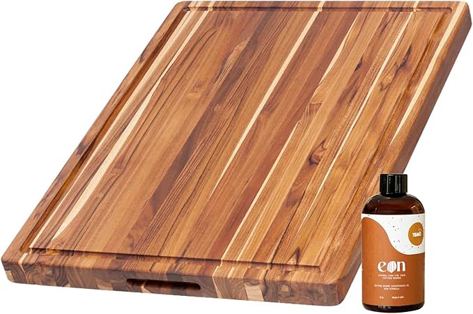 Teakhaus Carving Board and Cutting Board Oil Set - Includes Medium (M) Wood Cutting Board with Juice Groove and EON Food Grade Mineral Oil - Knife-Friendly - FSC Certified by TEAKHAUS