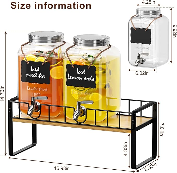 2-pack 1 Gallon Drink Dispenser,Glass Beverage Dispenser with Spigot,Lemonade dispenser Bamboo Stand for Outside, Glass Drink Dispensers for Parties with Ice Core - Image 7