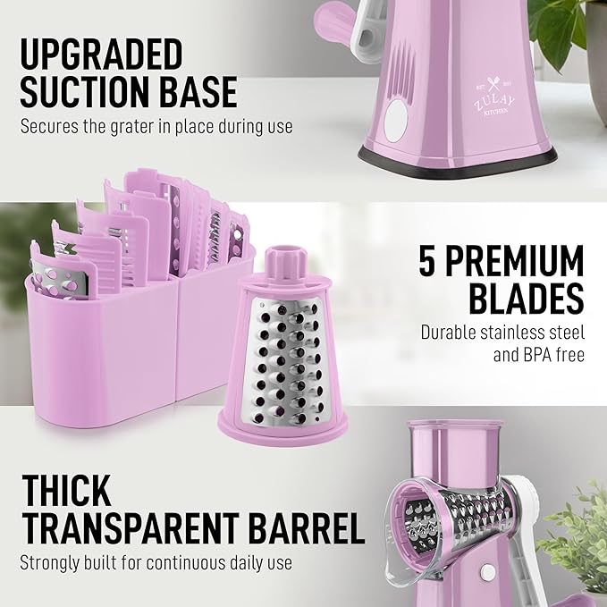 Zulay Kitchen Rotary Cheese Grater 5 Blade Cheese Shredder - Manual Hand Crank Cheese Grater With Reinforced Suction & 5 Interchangeable Drums - Easy to Use, Vegetable Chopper Round Mandoline Slicer - Image 7