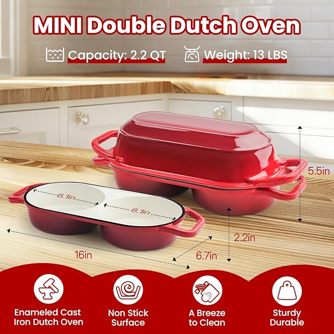 YONILL Mini Double Dutch Oven for Sourdough Bread Baking - Enameled Cast Iron Dutch Oven Pot with Lid and 5" Banneton Bread Proofing Basket Kit, Dual Round Bread Loaf Pan for Homemade Baking (Red) - Image 3