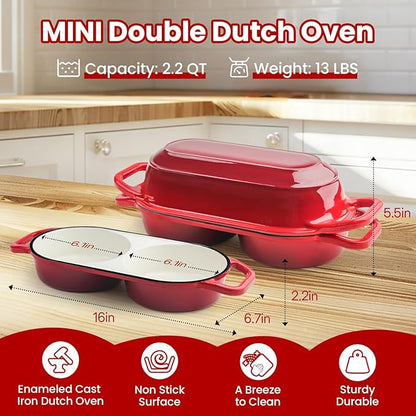 YONILL Mini Double Dutch Oven for Sourdough Bread Baking - Enameled Cast Iron Dutch Oven Pot with Lid and 5" Banneton Bread Proofing Basket Kit, Dual Round Bread Loaf Pan for Homemade Baking (Red) - Image 3