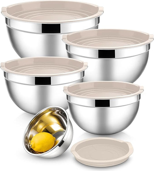 E-far Mixing Bowls With Lids Sets of 5, 10-Piece Stainless Steel Salad Metal Nesting Bowl for Baking Cooking and Prepping, Airtight Lid & Stackable Design, Size 4.6, 3, 2.1, 1.5, 0.7 QT, Khaki by E-far