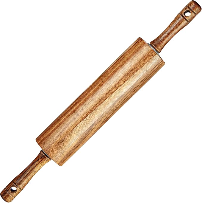 KARRYOUNG Acacia Wood Rolling Pin for Baking, Kitchen Dough Roller With Handles, Rodillo Para Masa, Rolling Pin for Dough, Pizza,Bread, Fondant & Tortilla by KARRYOUNG