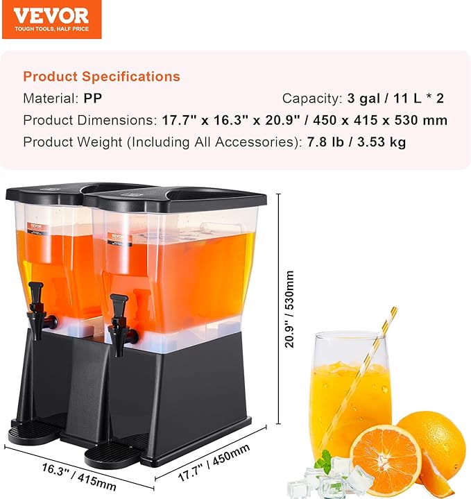 VEVOR Beverage Dispenser, 3 Gallon x 2 Drink Dispensers for Parties, Plastic Juice Dispenser with Stand Spigot Lid, Iced Tea Lemonade Juice Water Dispenser, for Restaurants, Hotels, Parties - Image 7
