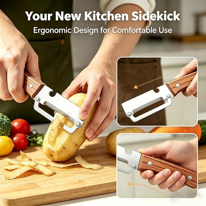 2-in-1 Multifunctional Vegetable Peeler, Premium Vegetable Peeler with Wooden Handle and Bottle Opener, Kitchen Tool for Fruit Apple Potato Pumpkin Papaya (2PCS) - Image 3