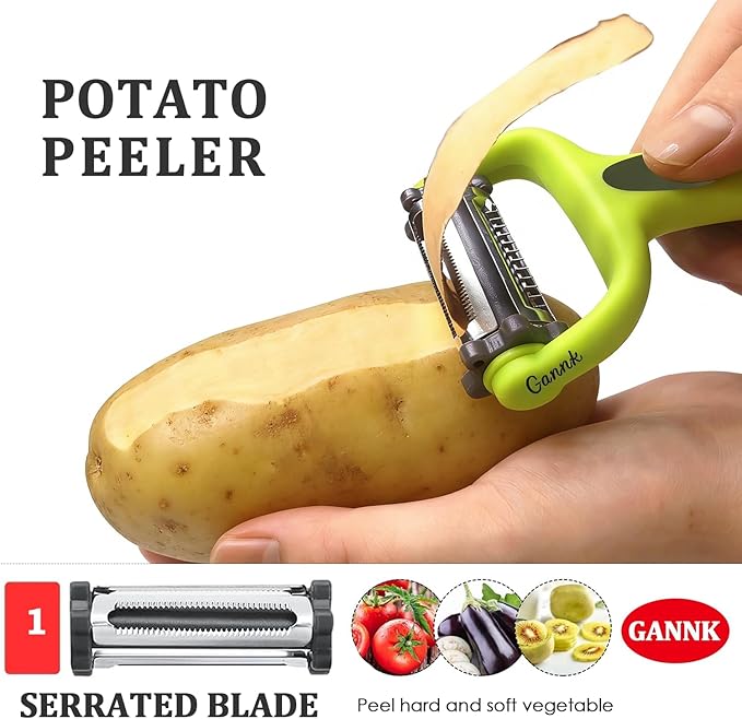 GANNK Potato Apple Vegetable Peelers for Kitchen, I and Y Peelers for Fruit Veggie Potatoes Carrot Cucumber, 3 in 1 Blade Spin Design With Julienne Function - Image 2