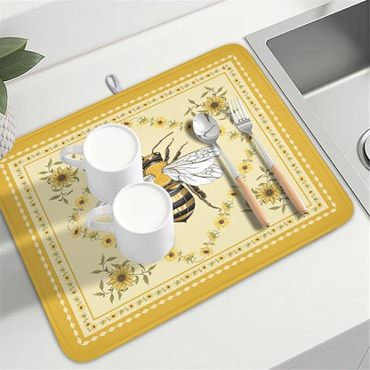 Giwawa Sunflower Bee Dish Drying Mat, Summer Rustic Sunshine Floral Dish Drainer Mats, Yellow Farmhouse Microfiber Reversible Large Dish Drying Pad Decor for Kitchen Countertop, 18x24inches