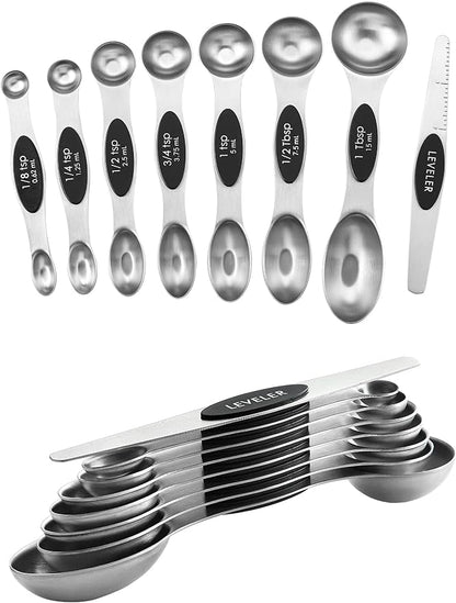 Spring Chef Stainless Steel Magnetic Measuring Spoons Set of 8 with Leveler, Dual Sided Metal Teaspoon & Tablespoon Measuring Spoons, Nesting Kitchen Gadgets for Baking & Cooking - 2 Pack - Black by SpringChef
