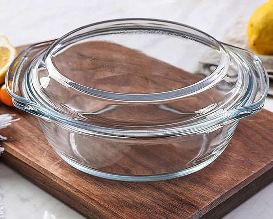 Casserole Baking Dish with 2 pcs, 1.5 QT large,Round with Handle and Lid, Tempered Glass, Oven Microwave Dishwasher freezer safe,Cookware Bowl,Clear