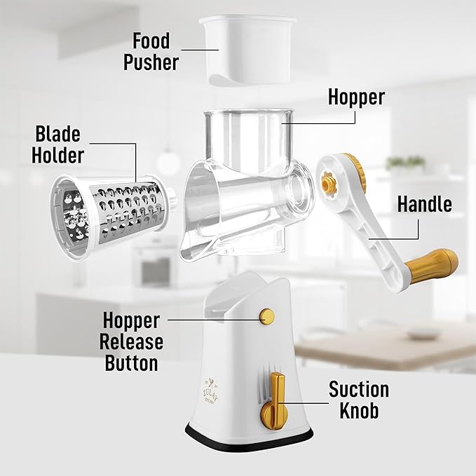 Zulay Kitchen Rotary Cheese Grater 5 Blade Cheese Shredder - Manual Hand Crank Cheese Grater With Reinforced Suction & 5 Interchangeable Drums - Easy to Use, Vegetable Chopper Round Mandoline Slicer - Image 8