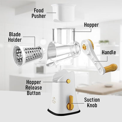 Zulay Kitchen Rotary Cheese Grater 5 Blade Cheese Shredder - Manual Hand Crank Cheese Grater With Reinforced Suction & 5 Interchangeable Drums - Easy to Use, Vegetable Chopper Round Mandoline Slicer - Image 8