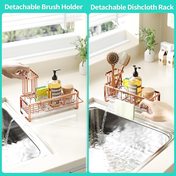 HapiRm Sponge Holder for Kitchen Sink - Self-draining Sink Caddy with Brush and Dishcloth Holders, Stainless Steel Kitchen Organizer for Countertop - Rose Gold - Image 3
