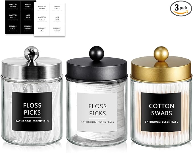 SheeChung 3-Pack Glass Apothecary Jars (Mix Colors) - Black, Gold, Brushed Nickel Stainless Steel Qtip Holder Set - Modern Bathroom Vanity Organizer for Cotton Swabs, Balls, Pads - Multi-Color Decor