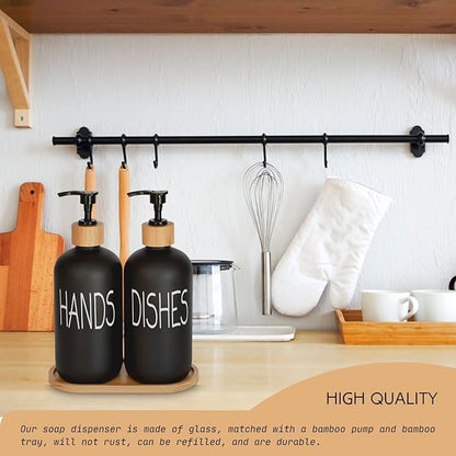 Glass Soap Dispenser Set. Hand and Dish with Bamboo Tray. Vintage Pump for Kitchen Drain Outlet Bathroom. Stylish Permanent Labels (Matte Black) - Image 4
