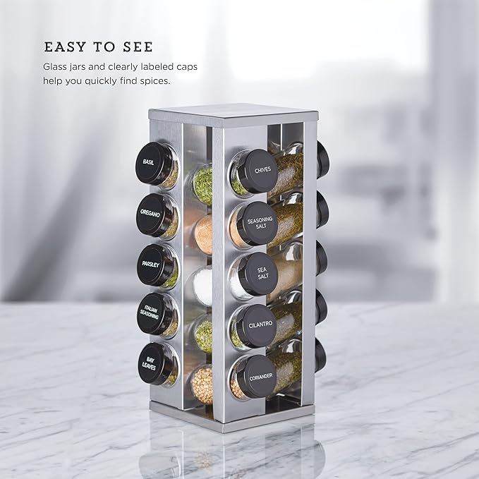 Kamenstein 20 Jar Heritage Revolving Spice Rack with Spices Included, Brushed Stainless Steel Rotating Countertop Organizer with Free Refills for 5 Years - Image 6
