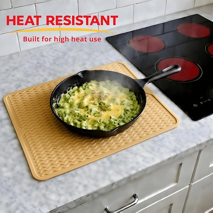Silicone Drying Mat 16 × 12 – Yellow Tan Non-Slip Sink Mat for Kitchen Counter, Heat-Resistant Food-Grade Dish Pad, Easy-Clean Multipurpose Drawer Liner (Yellow Tan, 16" x 12")