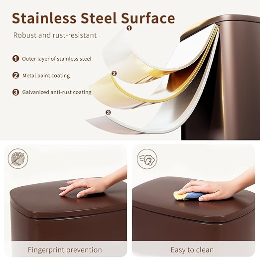 PayLessHere Stainless Steel Trash Can with Lid - Removable Inner Bucket, Foot Pedal Soft Close for Office, Home, Kitchen Garbage Bin (Brown, 13 G) - Image 3