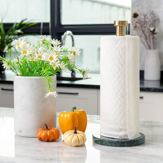 Koville Paper Towel Holder Countertop, Standing Paper Roll Holder with 6" Weighted Marble Base, Stone Paper Towel Holder with Gold Stainless Steel Rod for Kitchen Bathroom (Green)