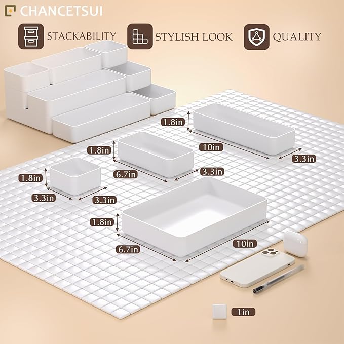 9 Pcs Stackable Drawer Organizer Trays Set, Multifunctional Stackable Storage Trays for Vanity, Bathroom, Kitchen, Desk Drawer Organizer Office. Plastic Drawer Organizers Available In 5 Colours, White - Image 5
