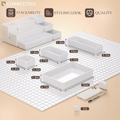 9 Pcs Stackable Drawer Organizer Trays Set, Multifunctional Stackable Storage Trays for Vanity, Bathroom, Kitchen, Desk Drawer Organizer Office. Plastic Drawer Organizers Available In 5 Colours, White - Image 5