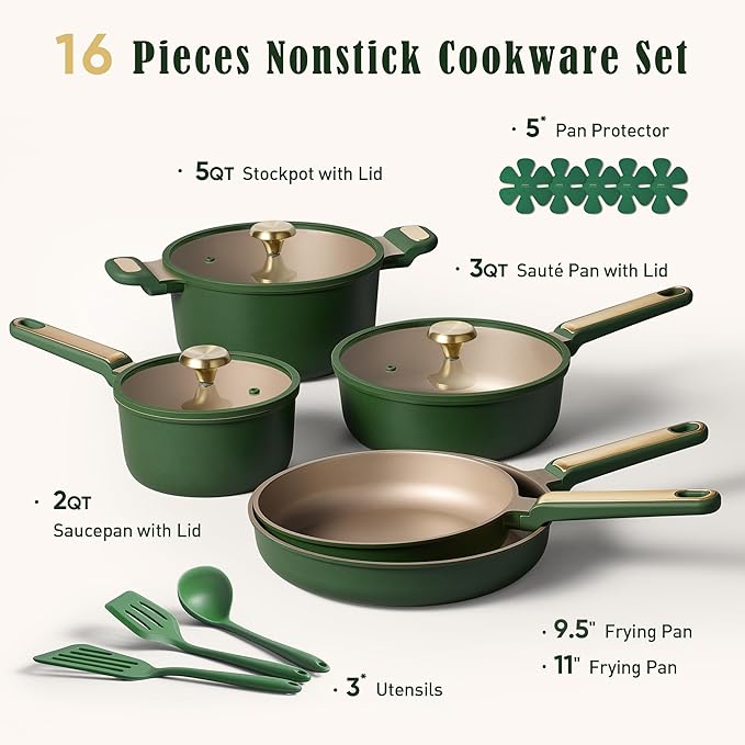 CAROTE Pots and Pans Set Non stick, Cookware Set, 16pcs NonStick Kitchen Set Induction Cookware Non-Toxic & PFOA&PFOS-Free, Dishwasher, Green - Image 2