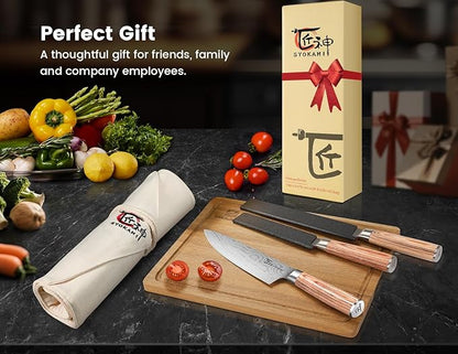 SYOKAMI 14pcs Chef Knife Set with Roll Bag, Professional Stainless Steel Japanese Knife Set with Pakkawood Handle for Professional Chef, Camping, Travel, BBQ, RV or Gift Beige