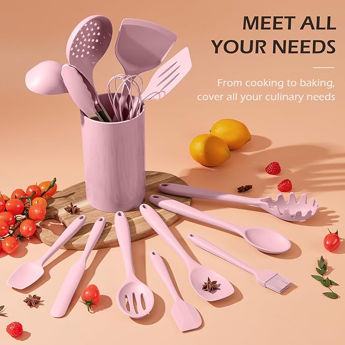 Homikit 15-Piece Kitchen Utensil Set, Silicone Cooking Utensils Spatula Set with Holder for Nonstick Cookware, Heat Resistant Kitchen Tools Gadgets for Cooking and Baking-Pink - Image 9