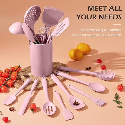 Homikit 15-Piece Kitchen Utensil Set, Silicone Cooking Utensils Spatula Set with Holder for Nonstick Cookware, Heat Resistant Kitchen Tools Gadgets for Cooking and Baking-Pink - Image 9