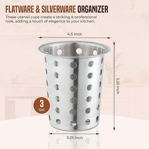 OCS Parts Stainless Steel Utensil Drying Cups | Stainless Steel | Set of 3 | Perforated Kitchen Flatware and Silverware Holder - Image 2