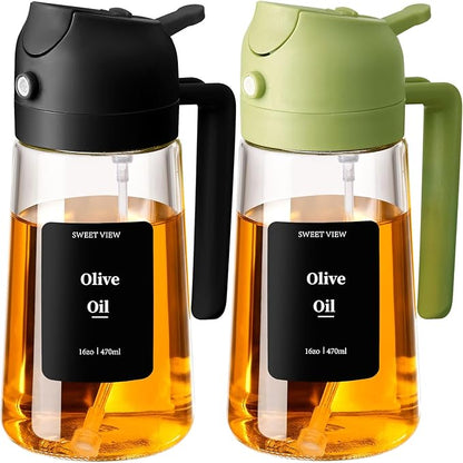 SWEET VIEW 2PCS Olive Oil Sprayer for Cooking, 16oz/470ml Glass Oil Dispenser/Pour Bottle, Kitchen Accessories, Kitchen Gadgets for Air Fryer, Salad, BBQ, with Stickers (Black,Green) by SWEETVIEW