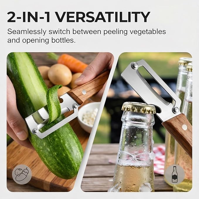 2026 NEW 2PCS Multi-Functional Vegetable Peelers for Kitchen, Wooden Handle Potato Peeler Hand Tool with Stainless Steel Blade, 2-in-1 Bottle Opener Fruit Peeler for Potato, Apple, Carrot, Mango