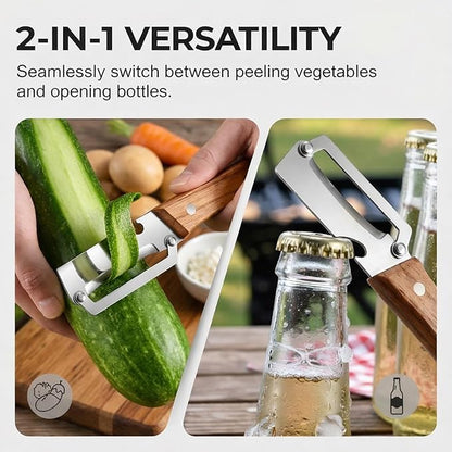 2026 NEW 2PCS Multi-Functional Vegetable Peelers for Kitchen, Wooden Handle Potato Peeler Hand Tool with Stainless Steel Blade, 2-in-1 Bottle Opener Fruit Peeler for Potato, Apple, Carrot, Mango