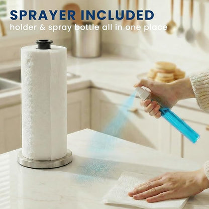 2 in 1 Paper Towel Holder with Spray Bottle, Countertop Paper Towel Holder with Weighted Base, Stainless Steel Paper Towel Roll Holder Black for Kitchen, Bathroom (Silver)