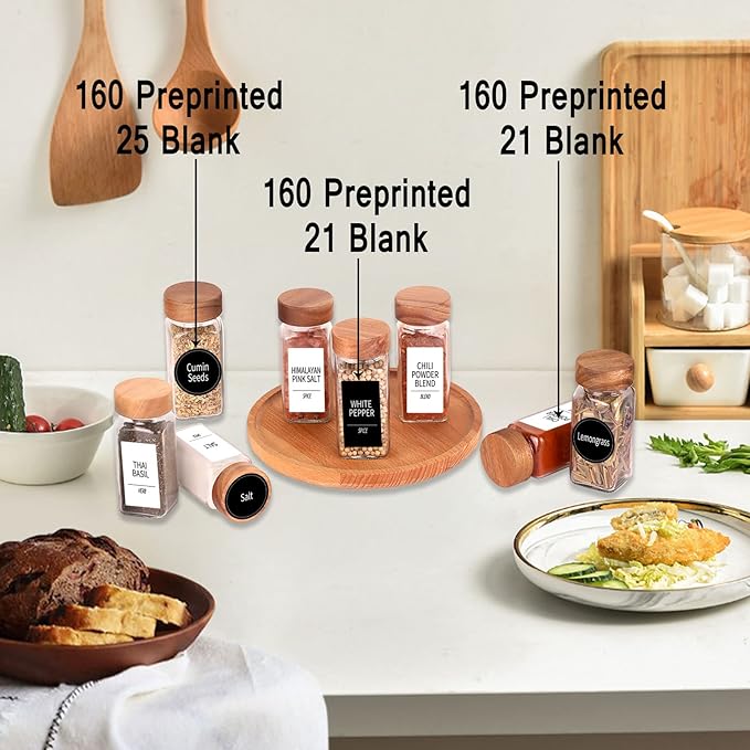 Churboro 24 Spice Jars with 547 Labels - Glass Spice Jars with Shaker Lids - 4 Oz Square Spice Containers with Acacia Wood Lids, Chalk Pen, Funnel- Seasoning Jars for Spice Rack, Cabinet, or Drawer - Image 3
