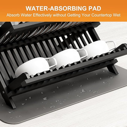 Greenual Black Bamboo Dish Drying Rack with Utensil Holder, 3 Tier Collapsible Dish Rack, Wooden Dish Racks for Kitchen Counter, Large Folding Drying Holder with Absorbent Dish Drying Mat - Image 6