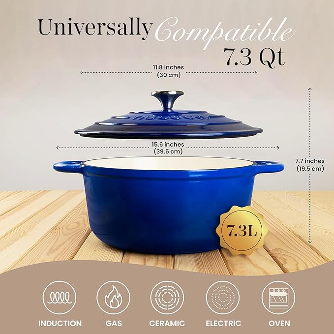 Cast Iron Dutch Oven with Lid – Non-Stick Ovenproof Enamelled Casserole Pot – Sturdy Dutch Oven Cookware – Dark Blue, 7.3-Quart, 30cm – by Nuovva - Image 2