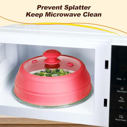 Microwave Splatter cover, Glass Microwave Cover for Food, 11.8 inch Guard Lid with Collapsible Silicone for 6-11 inch Plates & Bowls, Dishwasher Safe, 450°F Heat Resistant, BPA-Free, Red