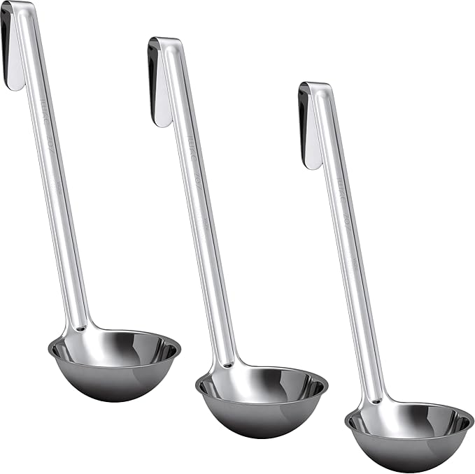 Super Sturdy, Ergonomic 2 Oz. Soup Ladle 3 Pk. Stainless Steel Ladles with Long Handles. Best Kitchen Accessories for Stirring, Portioning and Serving Soups, Chili and Stew in Restaurants and at Home by FoodRestaurantSupplies