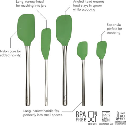 Tovolo Stainless Steel Handled Silicone Spatula Set of 5 Pesto Green, Dishwasher Safe Kitchen Spatula Set for Cooking Baking, Non Toxic BPA Free Silicone Spatula set with Metal Steel Handle
