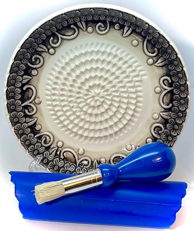 BonCera, All-in-one Premium Ceramic Garlic Grater Plate 4-Piece Set - Black Embossed Design and Style - For Garlic, Ginger, Chocolate, and more! - Comes with 5.25" Plate, Peeler, Brush, and Stand