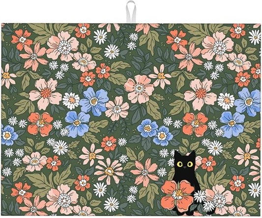 Black Cat Floral Dish Drying Mat For Kitchen Counter Absorbent Large Kitchen Fast Dry Pad Reusable Washable Protector Rack Large Mat 18 X 24